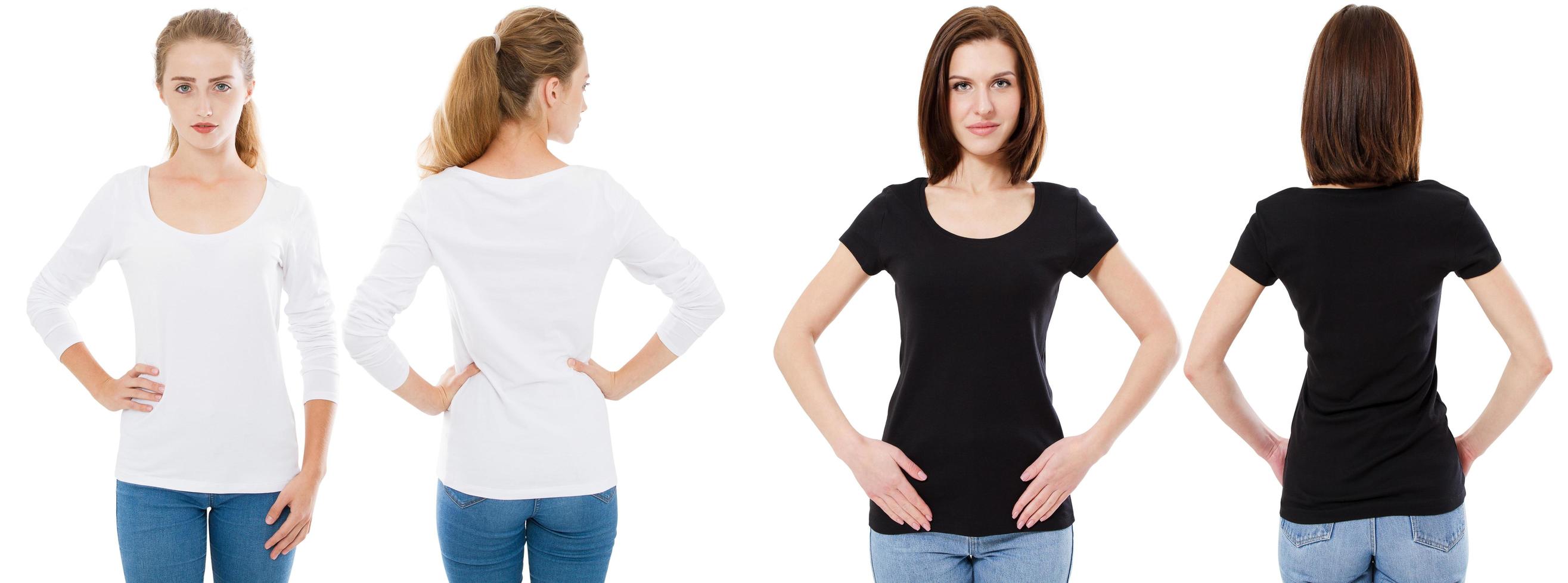 T-shirt set. Front and back view Brunette and Blonde in white and black t shirt isolated. Two girl in blank shirt, Mock up, Collage, Copy space, Template photo