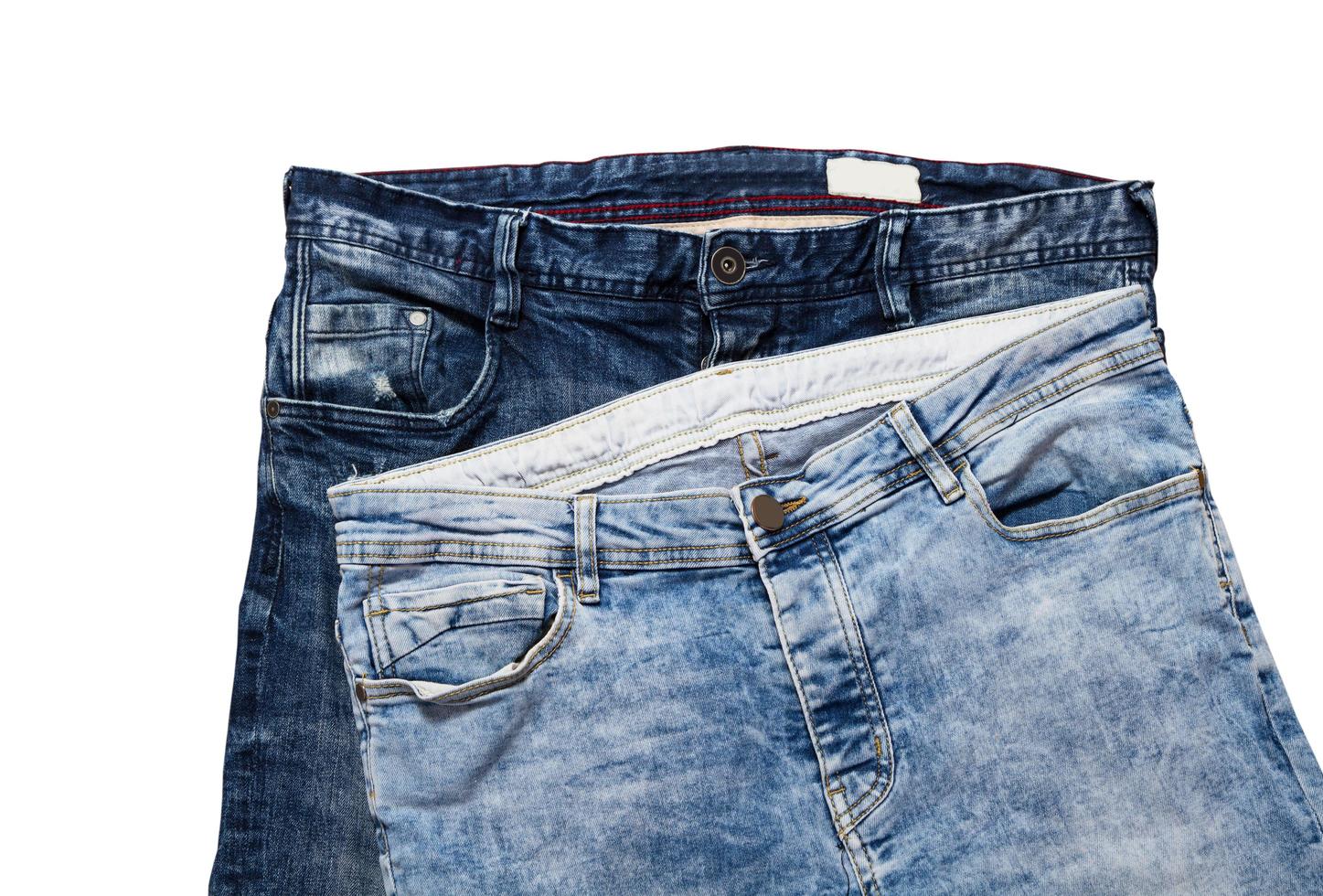 Blue and dark blue jeans on white background set or collage photo