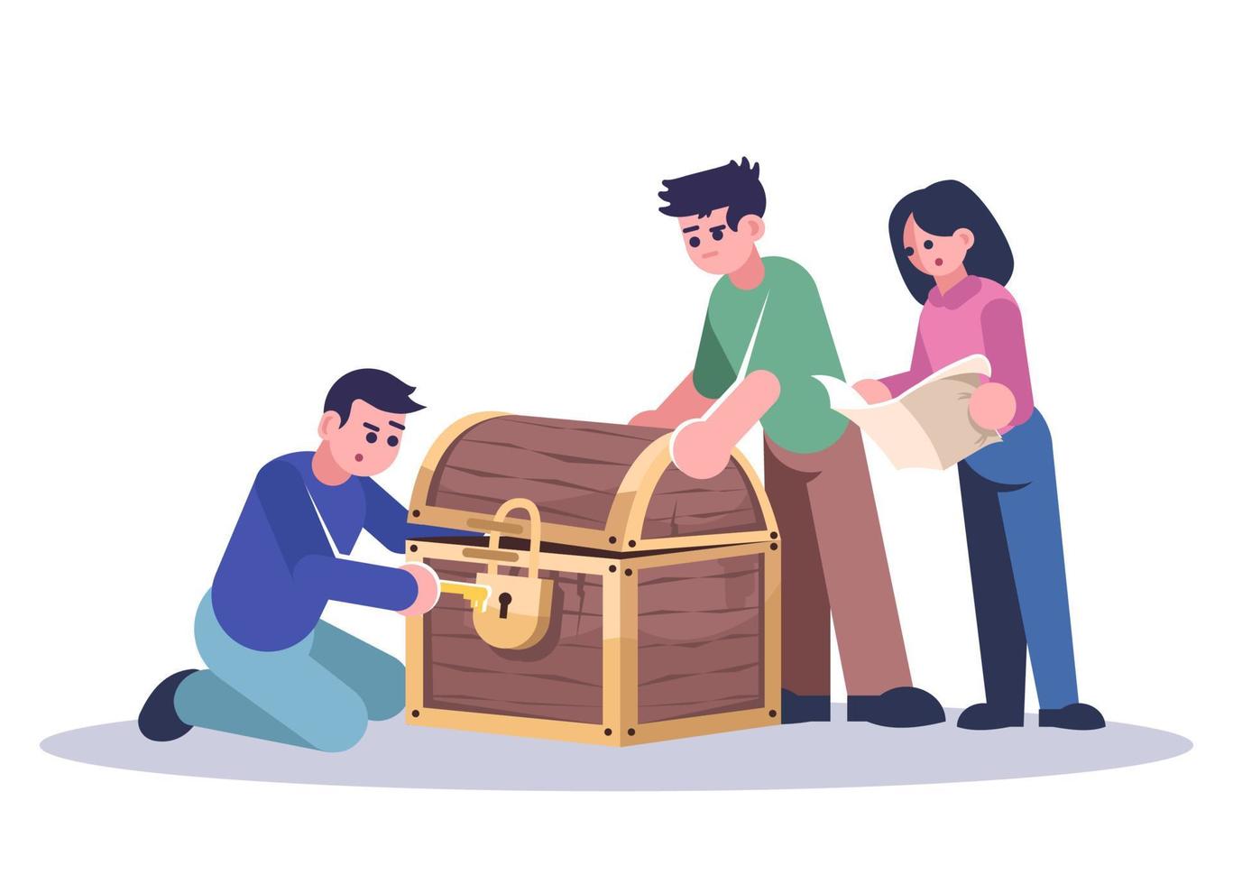 Man opening treasure chest flat vector illustration. Friends in quest room, woman and men solving mystery isolated cartoon characters on white background. Logic team game, modern entertainment