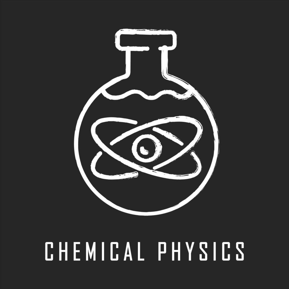 Chemical physics chalk icon. Subdiscipline of chemistry and physics. Laboratory research. Chemical substance in flask. Lab experiment. Biochemical reaction. Isolated vector chalkboard illustration