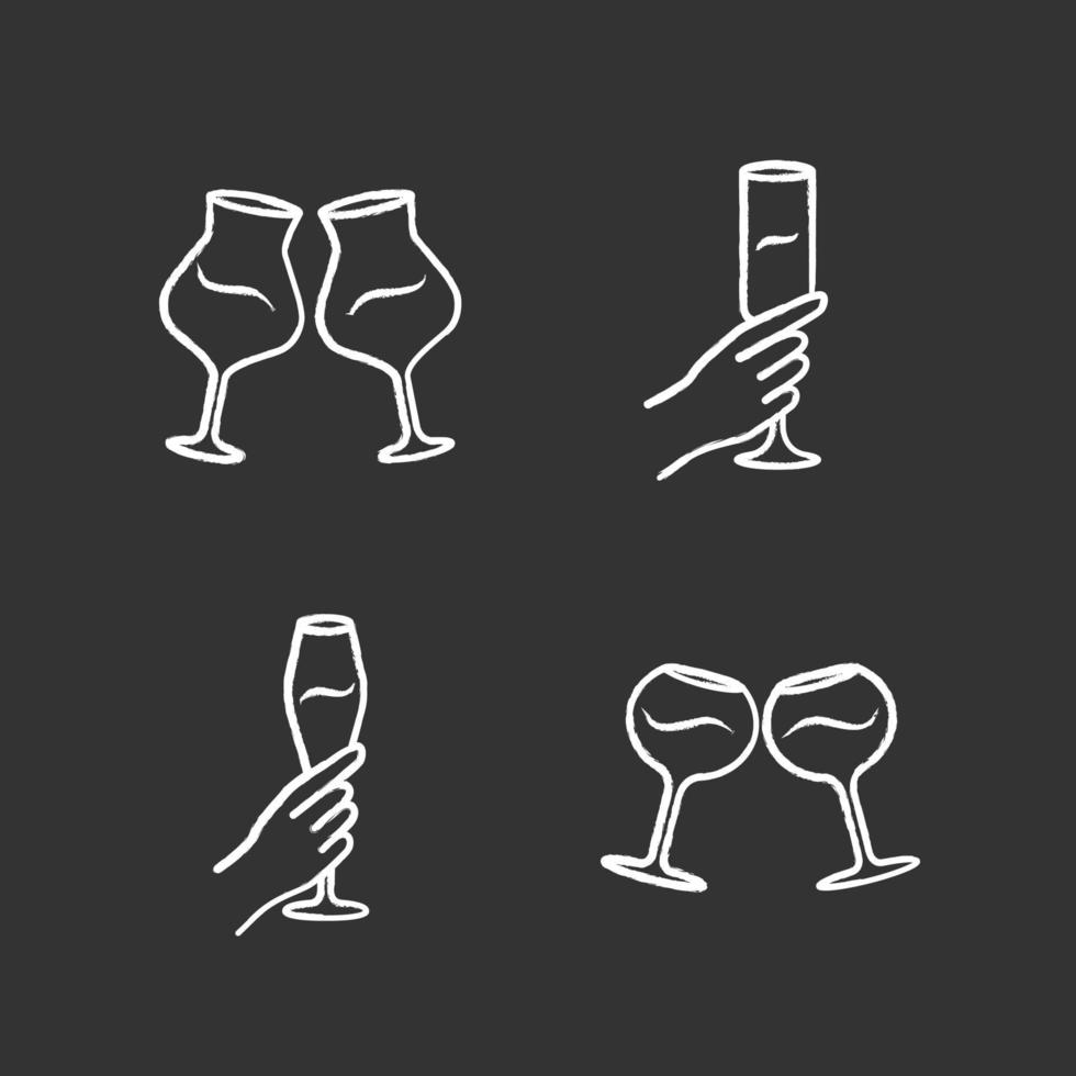 Wine service chalk icons set. Clinking wine glasses. Hands holding alcohol beverages. Celebration, party. Wedding. Glassware, winery. Cheers. Isolated vector chalkboard illustrations