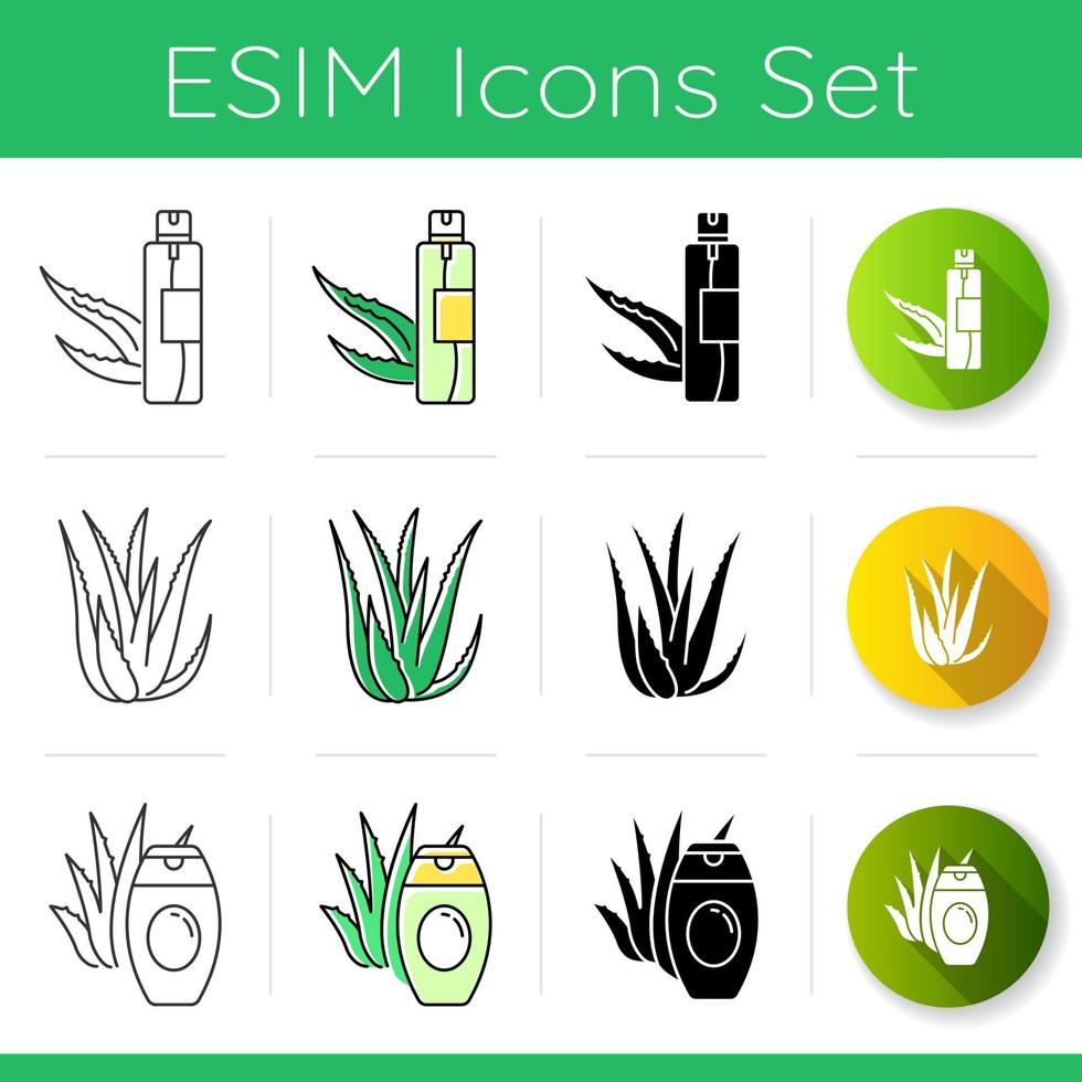 Conjunto de iconos de aloe vera. producto cosmético orgánico. loción para el cuidado de la piel. suero natural. Hierba medicinal para el cuidado de la piel. planta decorativa. Estilos de color lineal, negro y rgb. ilustraciones vectoriales aisladas vector