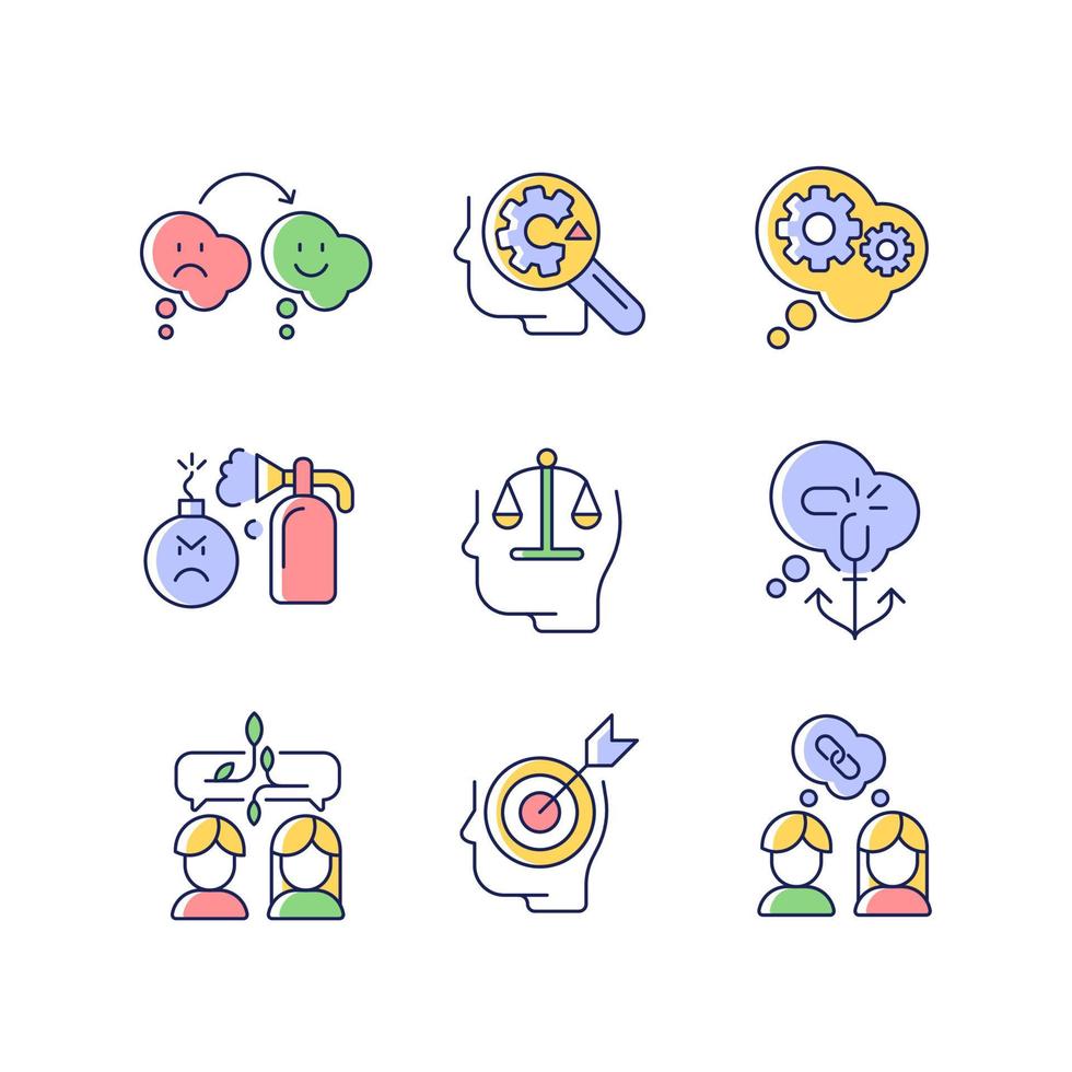 Critical mindset and attitude RGB color icons set vector