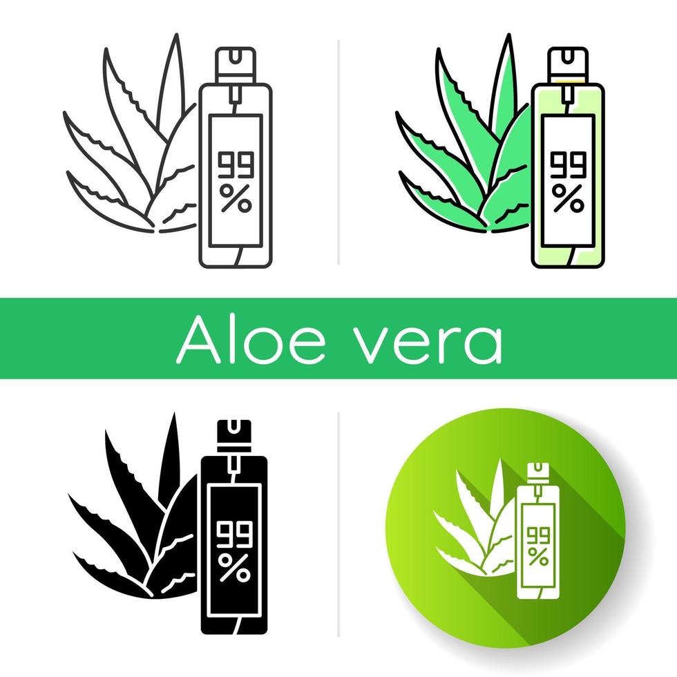 Aerosol icon. Aloe vera emergency spray. Natural cosmetic in bottle. Medicinal herbs extract for healing and moisturizing. Linear black and RGB color styles. Isolated vector illustrations