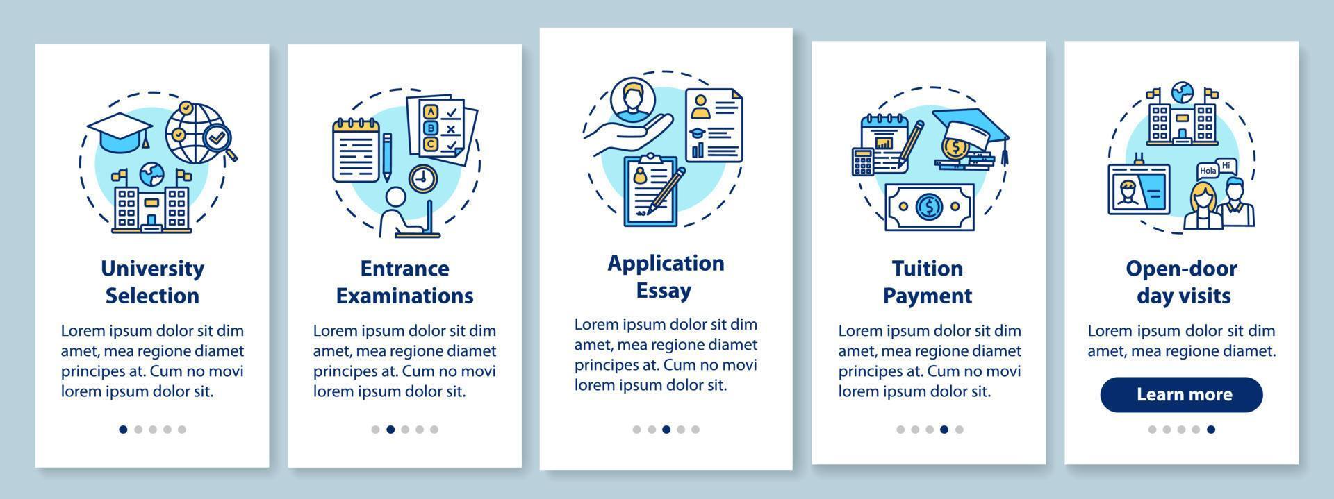 University entrance onboarding mobile app page screen with linear concepts. Tuition payment. Essay, exam. Five walkthrough steps graphic instructions. UX, UI, GUI vector template with illustrations