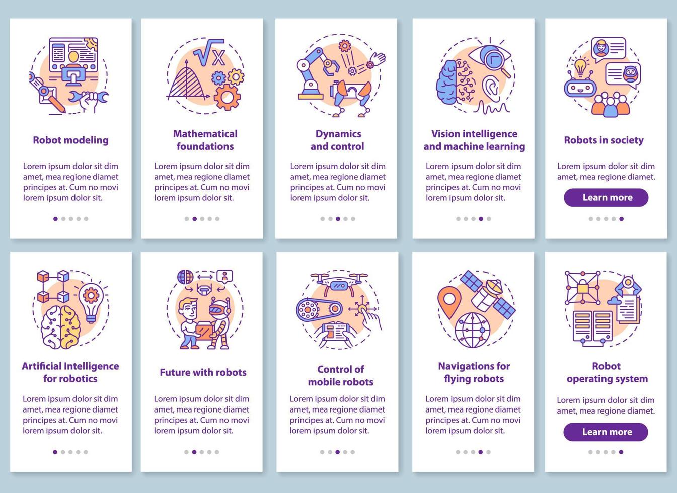 Robotics courses onboarding mobile app page screen with linear concepts set. Modeling and development of robots walkthrough steps graphic instructions. UX, UI, GUI vector template with illustrations