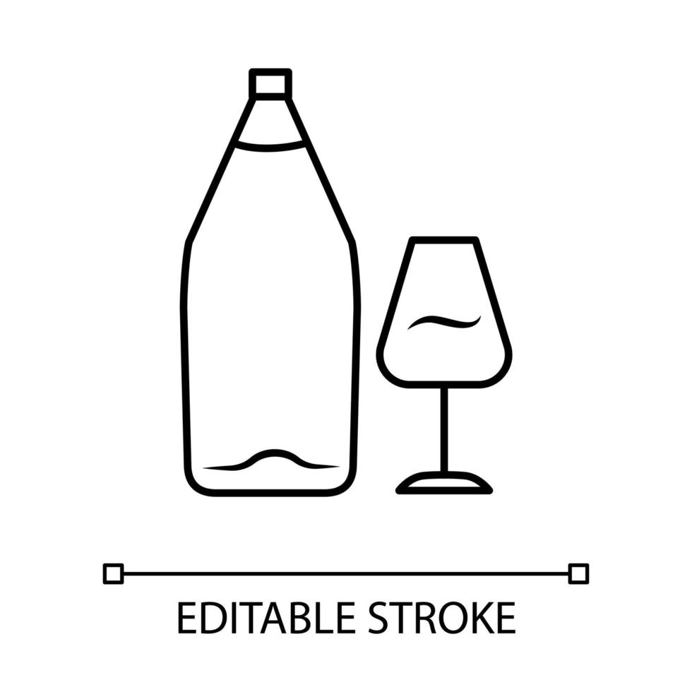 Wine linear icon. Alcohol bar. Bottle and wineglass. Alcoholic beverage. Glassware for dessert port wine. Thin line illustration. Contour symbol. Vector isolated outline drawing. Editable stroke