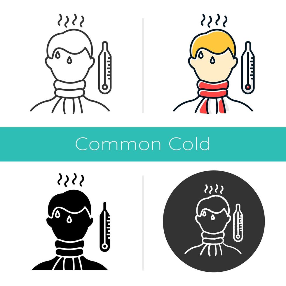 High temperature icon. Fever symptom. Disease, illness. Man unwell. Flu infection. Sick person. Thermometer. Grippe treatment. Flat design, linear and color styles. Isolated vector illustrations