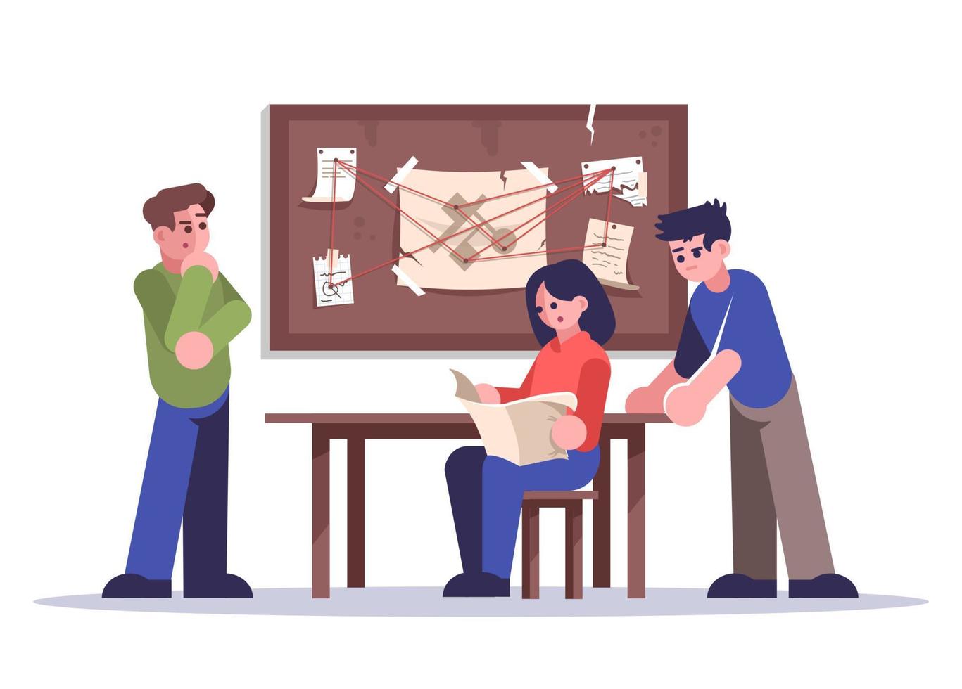 Friends in detective escape room flat vector illustration. Woman and men investigating crime isolated cartoon characters on white background. Team in criminal quest room solving murder. Logic game