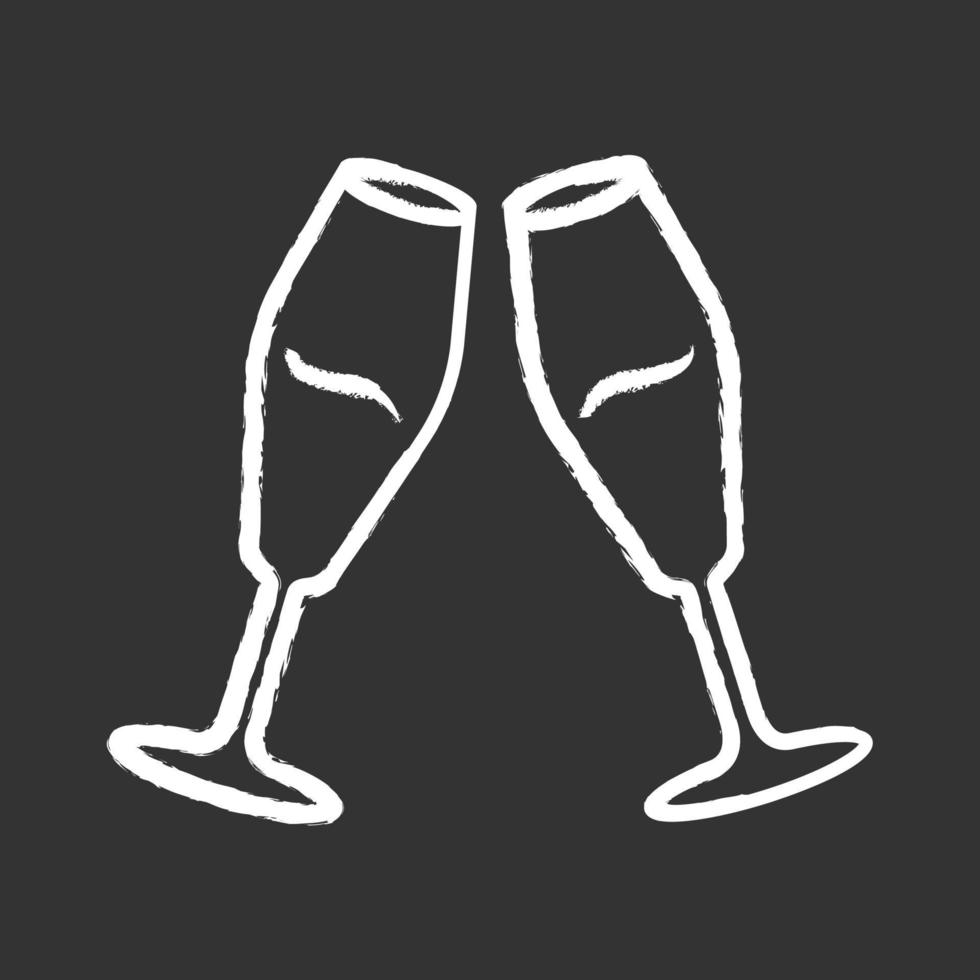 Two clinking glasses with wine chalk icon. Champagne tulip flute. Glassfuls of alcohol beverage. Wine service. Celebration. Wedding. Cheers. Degustation. Isolated vector chalkboard illustration
