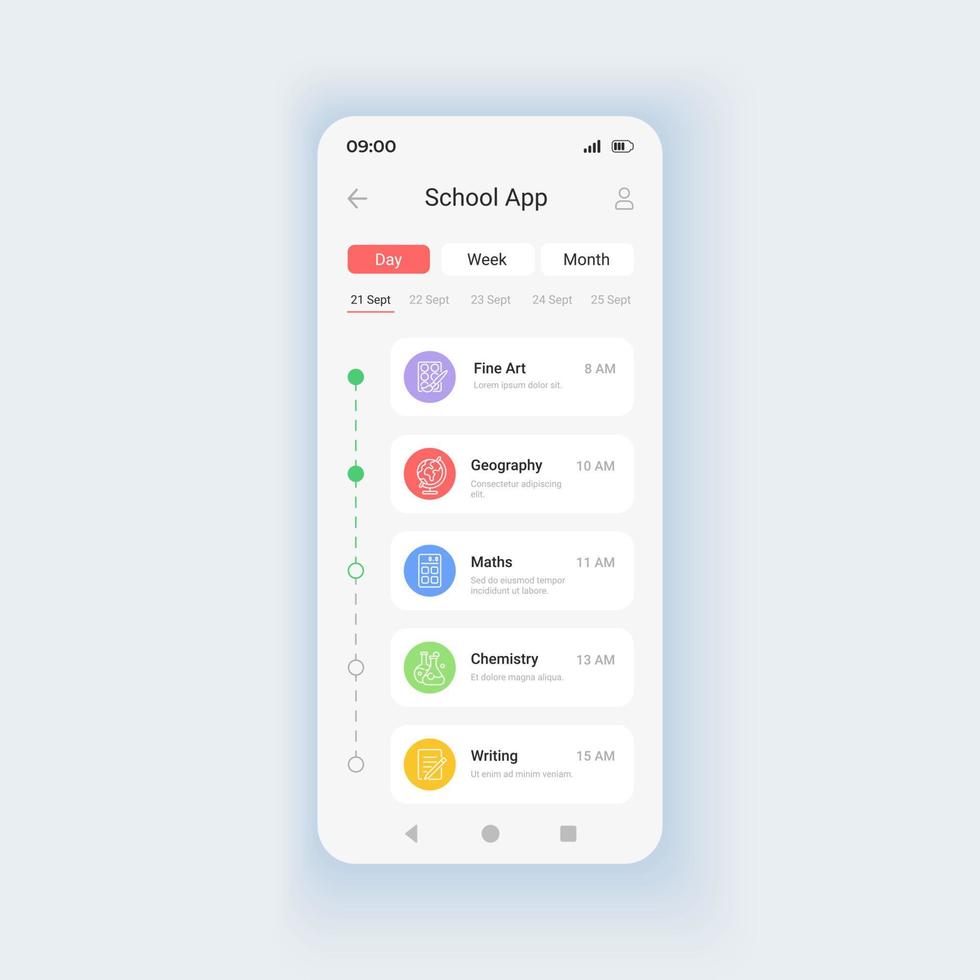 Education courses menu daytime mode smartphone interface vector template