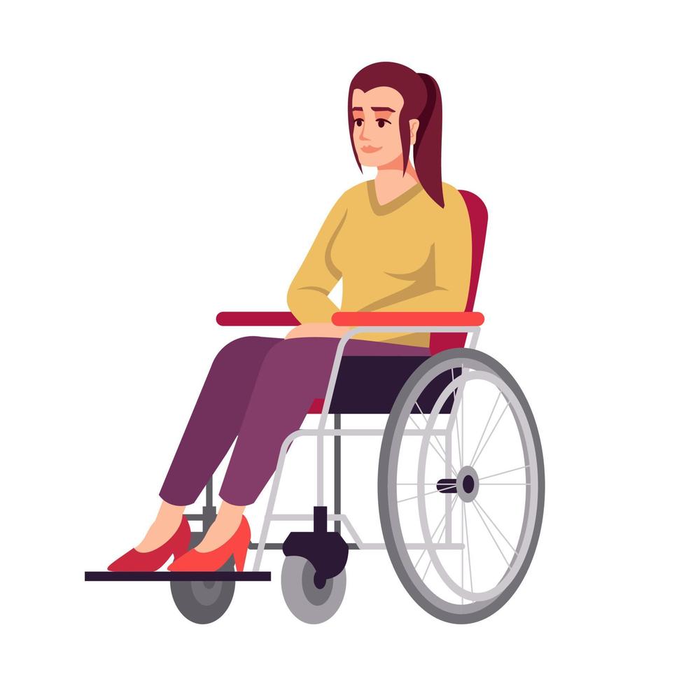 Woman in wheelchair semi flat RGB color vector illustration. Handicapped girl. Disabled person. Recovery period. Rehabilitation. Psychology consultation. Isolated cartoon character on white background