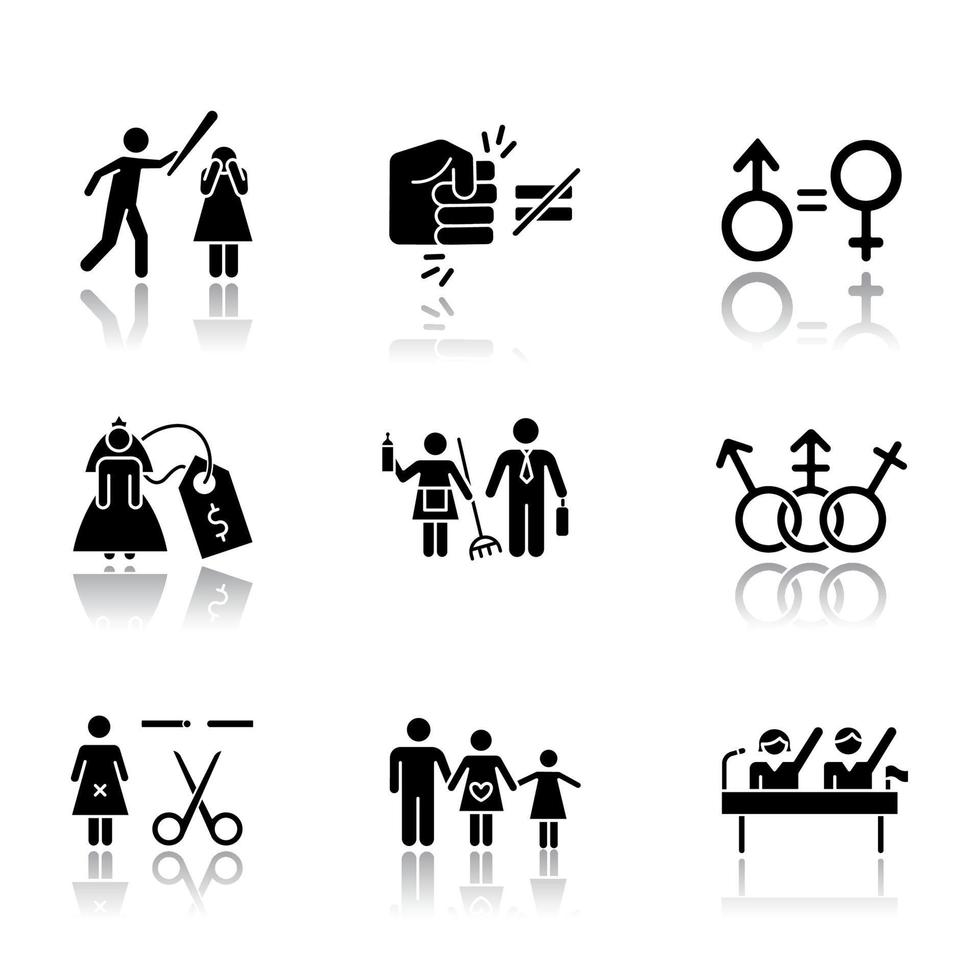 Gender equality drop shadow black glyph icons set. Violance against woman. Gender stereotypes. Bride price. Forced sterilization. Politic rights. Female abuse. Isolated vector illustrations