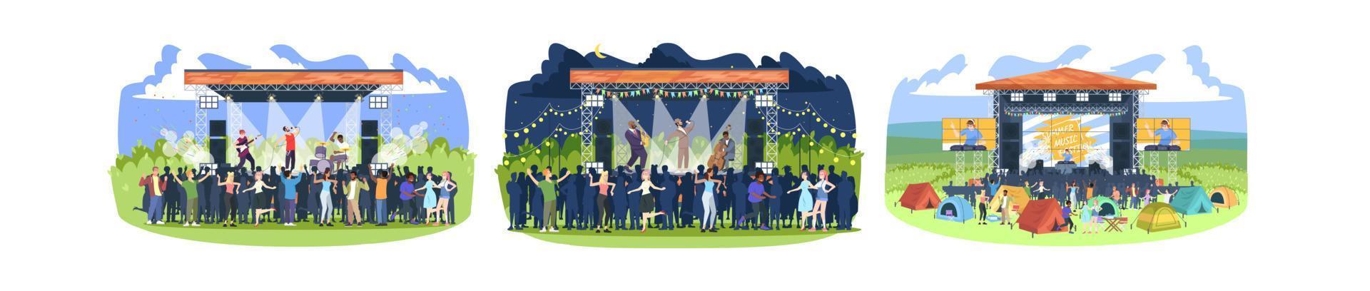 Summer music festival flat vector illustrations set. Rock, jazz, electronic musician concert. Summertime fun outdoor activity. People in open air live performance isolated cartoon characters