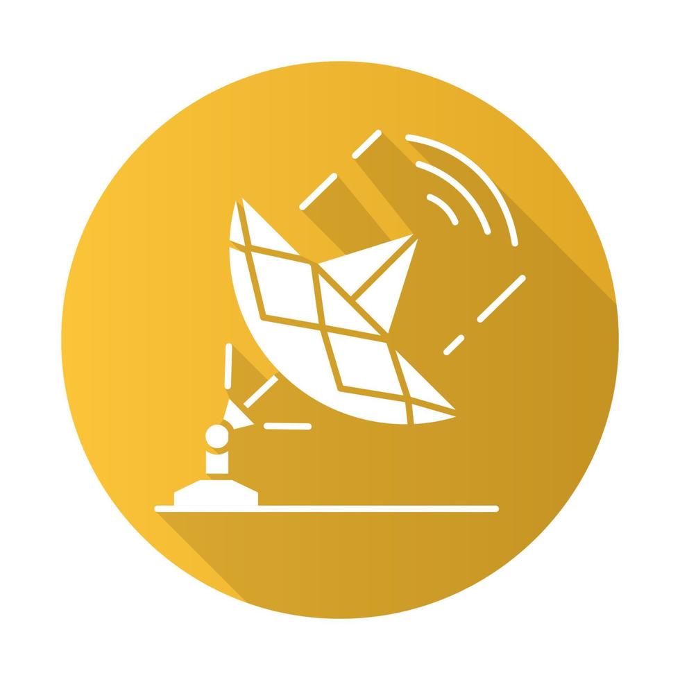 Icono de glifo de larga sombra de diseño plano amarillo de la industria de telecomunicaciones. radiodifusión y telecomunicaciones globales con satélite. señal de radio, ondas de frecuencia. ilustración de silueta de vector