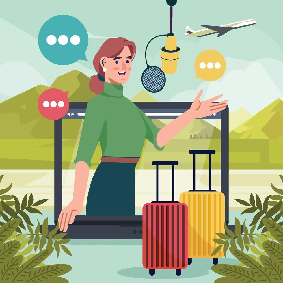 Woman Create Travel Podcast with Laptop vector