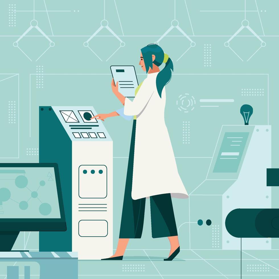 Woman Scientist Operating High Tech Device vector