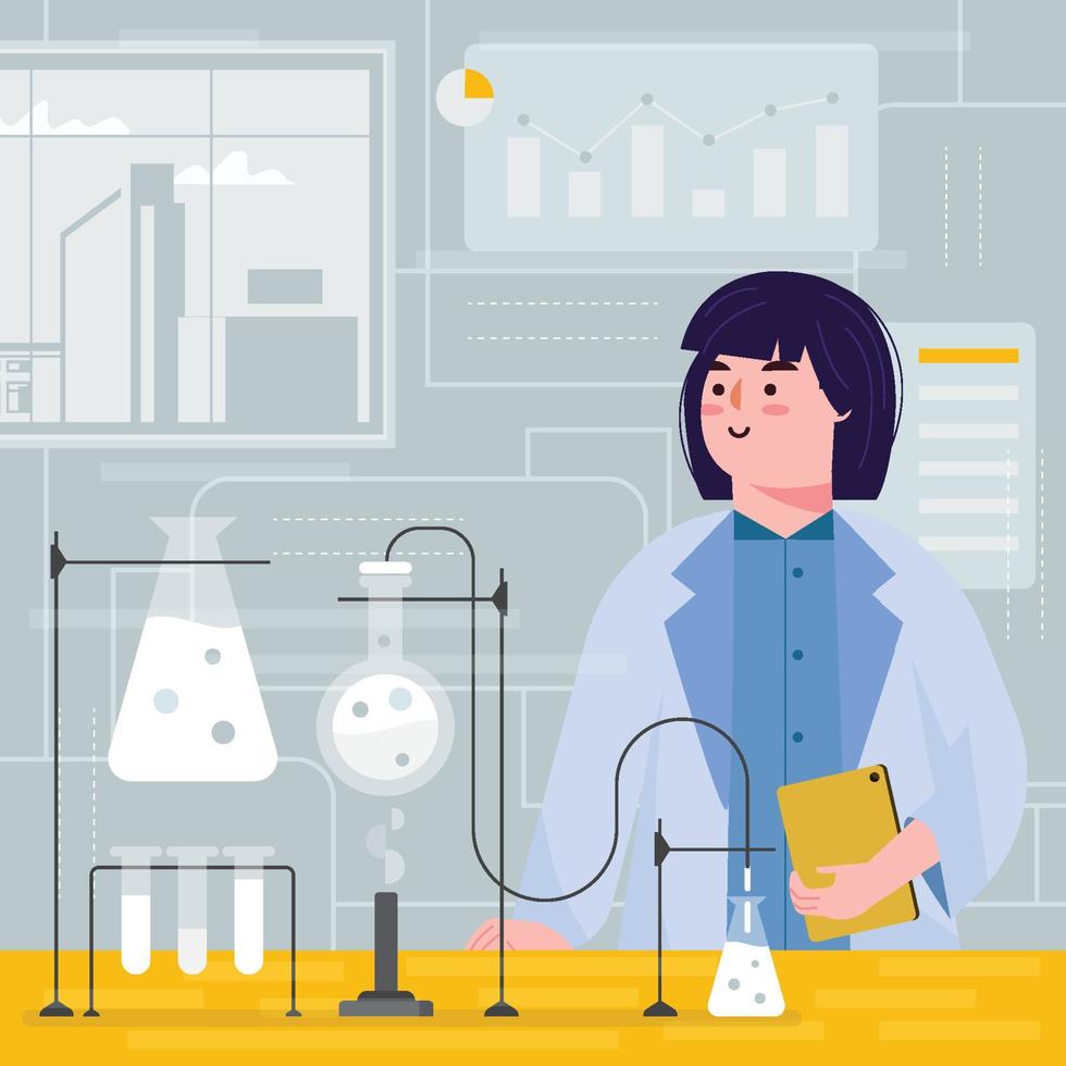 Chemist Working with Her Tablet and Beakers Concept vector