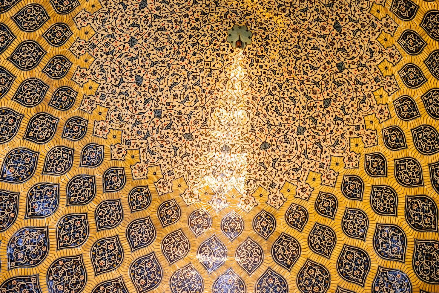 Isfahan, Iran, 2016 - Beautiful interior ceiling ornamental bands filled with arabesque patterns peacock-like shape in Sheikh Lotfollah Mosque photo