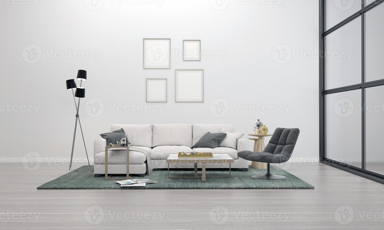 Realistic Mockup 3D Rendered Interior of Modern Living Room with Sofa - Couch and Table photo