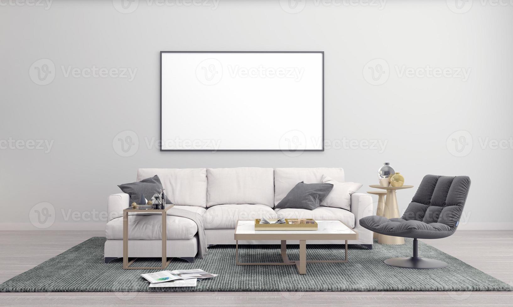 Realistic Mockup 3D Rendered Interior of Modern Living Room with Sofa - Couch and Table photo