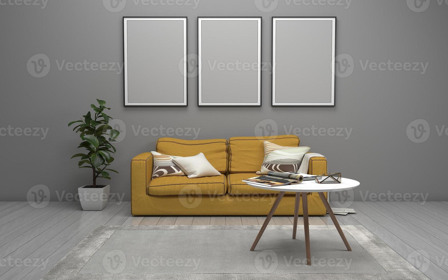 3D Rendered of Interior Modern Living Room with Sofa - Couch and Table Realistic Mockup photo