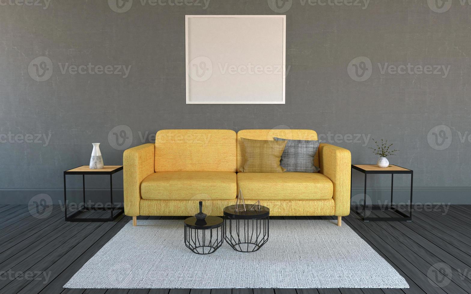 3D Rendered of Interior Modern Living Room with Sofa - Couch and Table Realistic Mockup photo