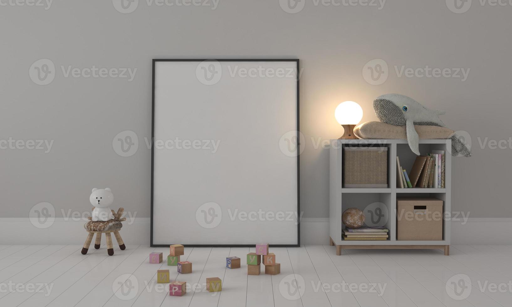 Kids Room, Play house, kids furniture with toy and frame mockup photo