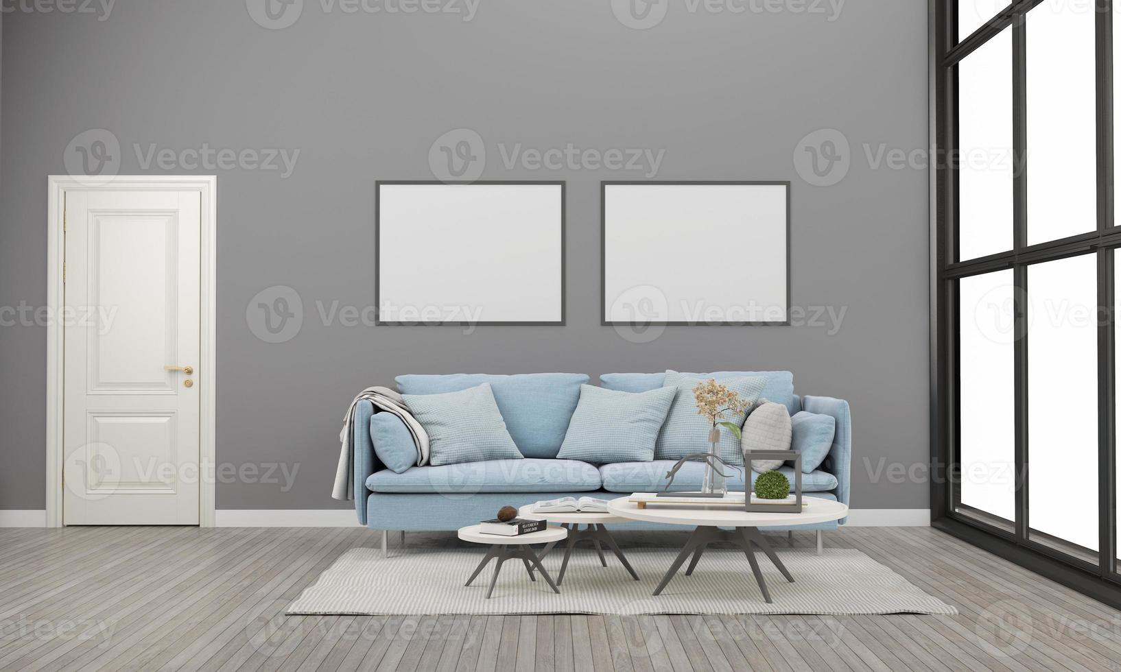 Realistic Mockup 3D Rendered Interior of Modern Living Room with Sofa - Couch and Table photo