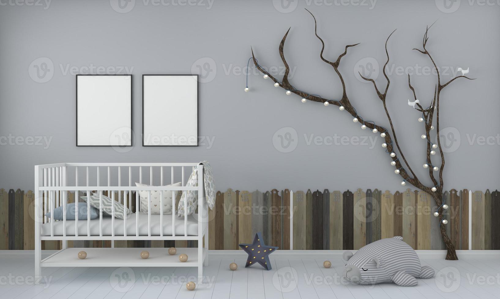 Kids Room, Play house, kids furniture with toy and frame mockup photo