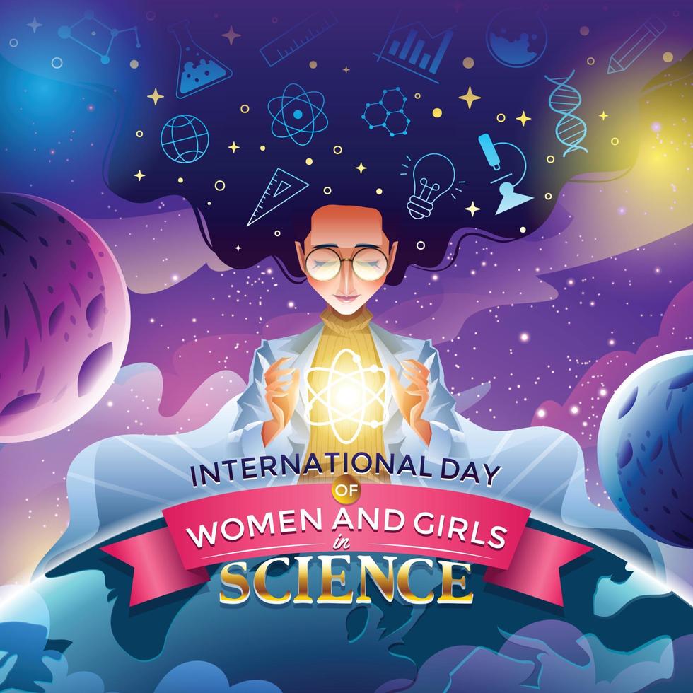 International Day of Women and Girls in Science Concept with Scientist in Space vector