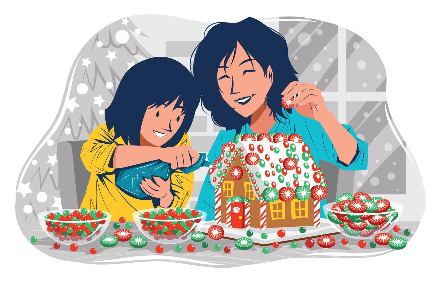 Mother and Daughter Decorating Gingerbread House Concept vector