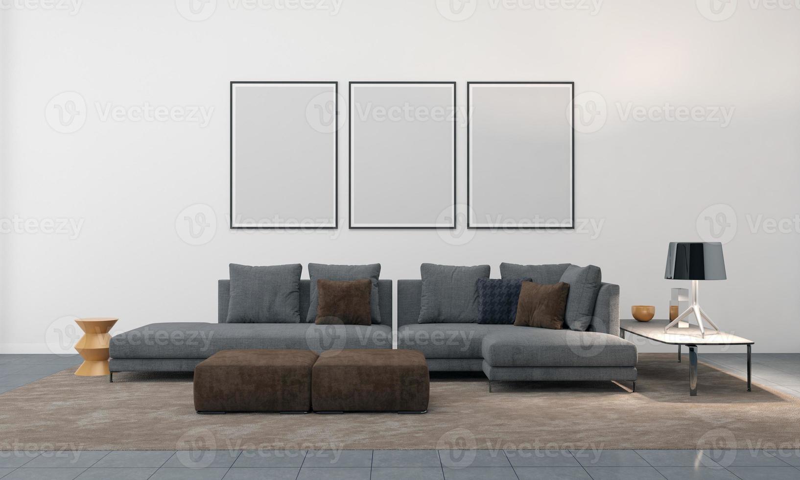 Realistic Mockup 3D Rendered Interior of Modern Living Room with Sofa - Couch and Table photo