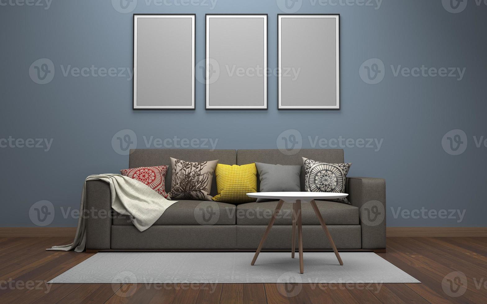 3D Rendered of Interior Modern Living Room with Sofa - Couch and Table Realistic Mockup photo