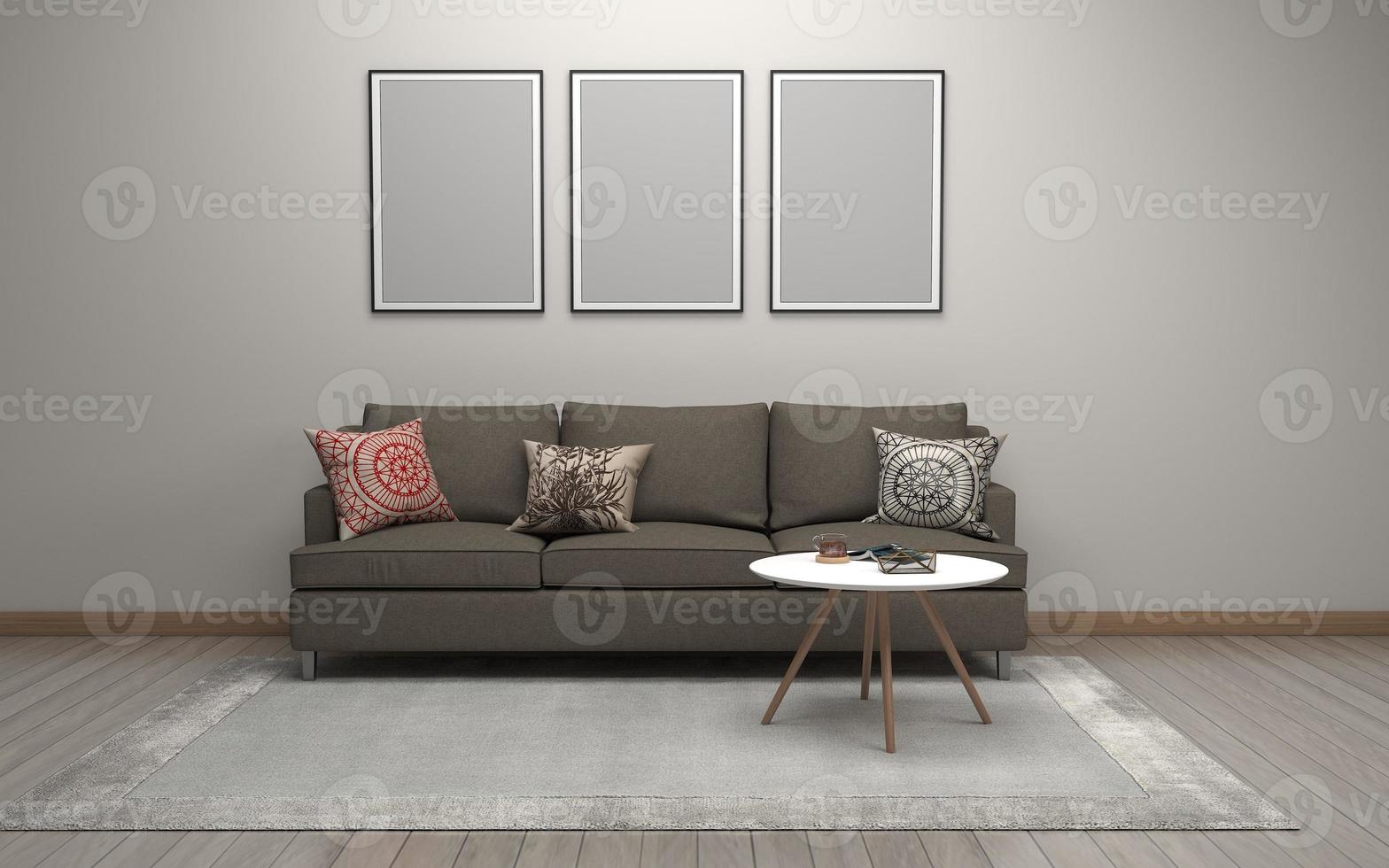 3D Rendered of Interior Modern Living Room with Sofa - Couch and Table Realistic Mockup photo