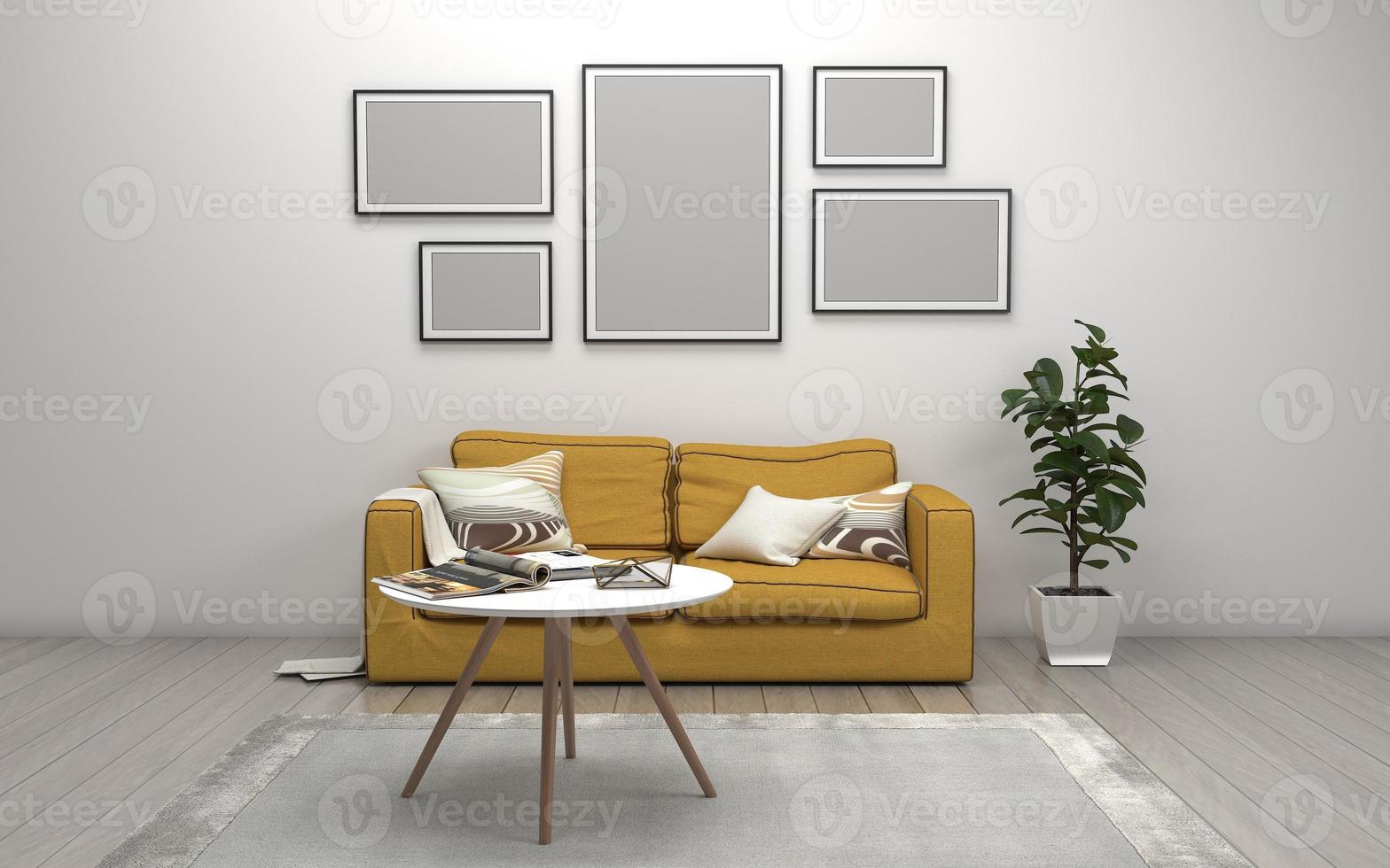 3D Rendered of Interior Modern Living Room with Sofa - Couch and Table Realistic Mockup photo