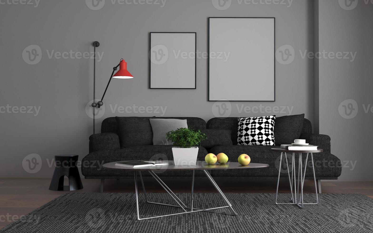 3D Rendered of Interior Modern Living Room with Sofa - Couch and Table Realistic Mockup photo