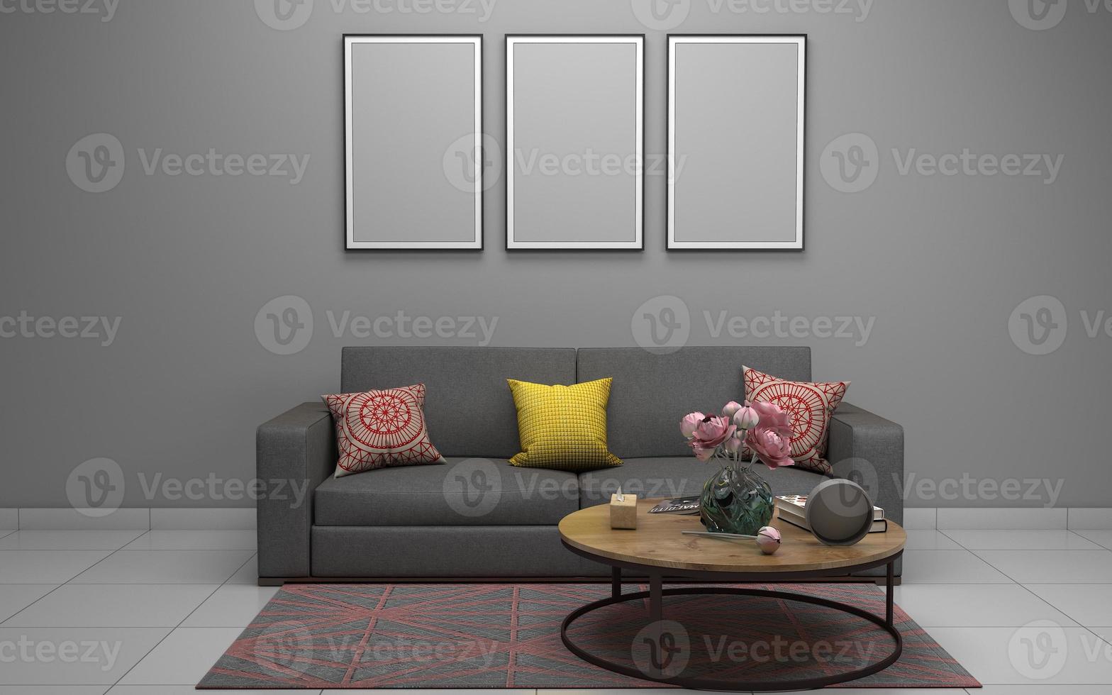 3D Rendered of Interior Modern Living Room with Sofa - Couch and Table Realistic Mockup photo