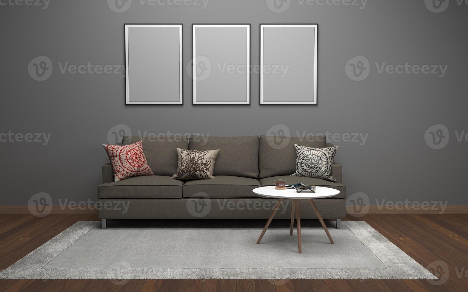 3D Rendered of Interior Modern Living Room with Sofa - Couch and Table Realistic Mockup photo