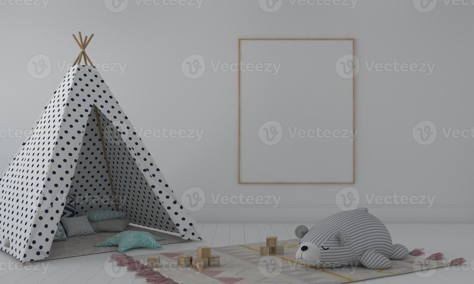 Kids Room, Play house, kids furniture with toy and frame mockup photo