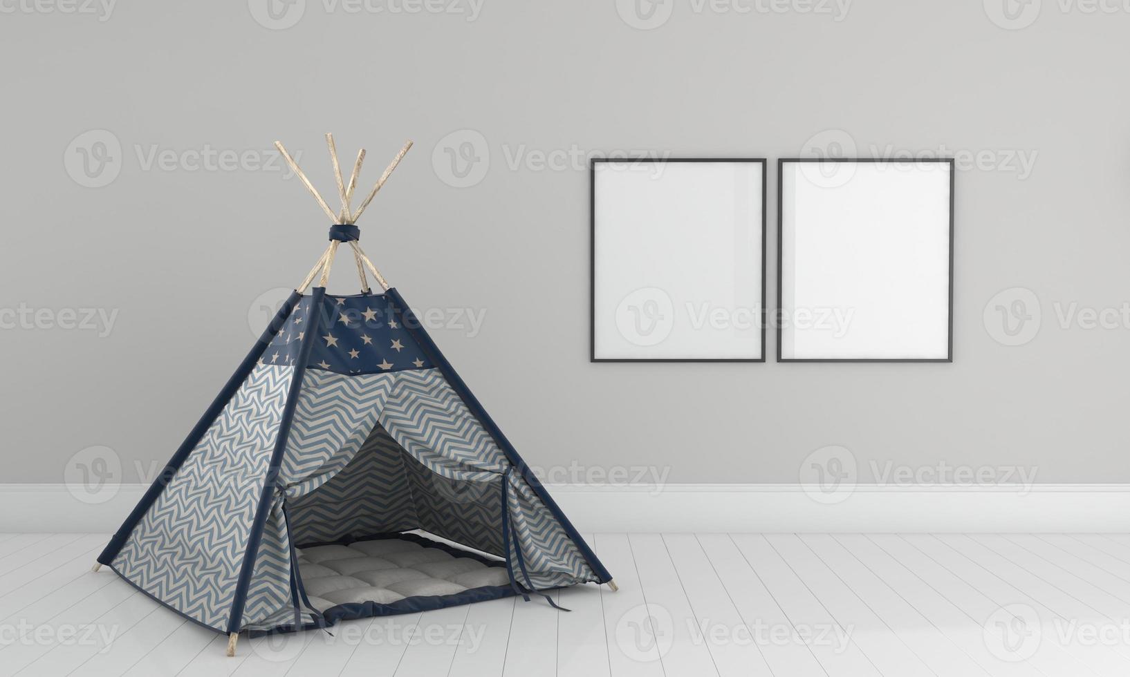 Kids Room, Play house, kids furniture with toy and frame mockup photo