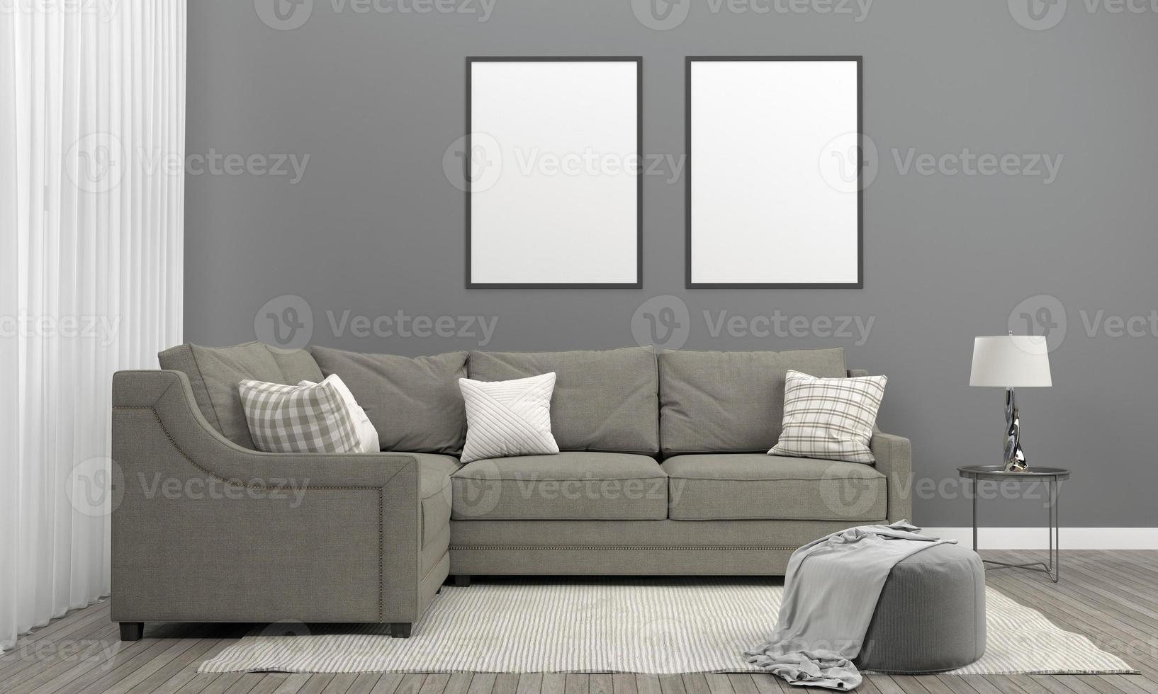 3d rindió el marco de la sala de estar moderna interior con sofá - sofá y mesa foto
