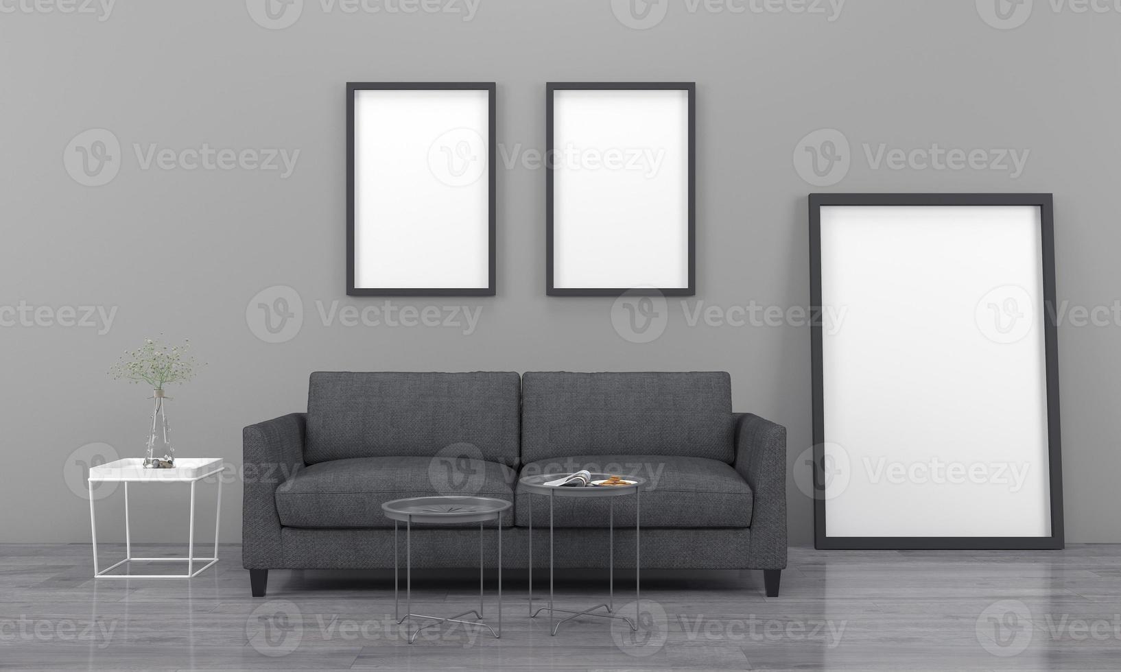 Realistic Mockup 3D Rendered Interior of Modern Living Room with Sofa - Couch and Table photo