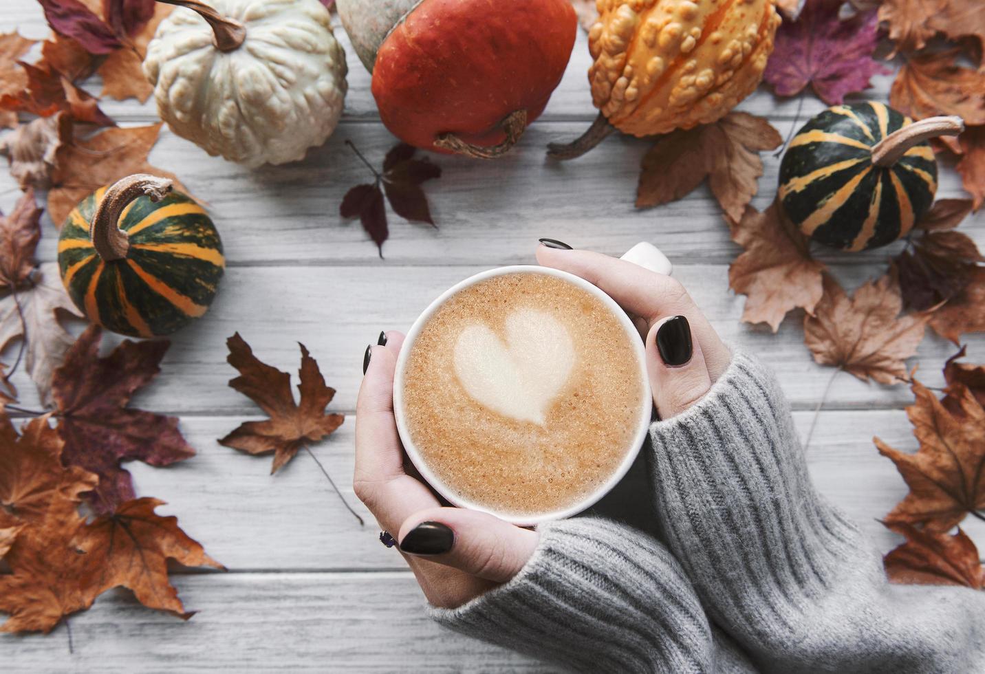 Female hands holding a cup of hot coffee, autumn flat lay photo
