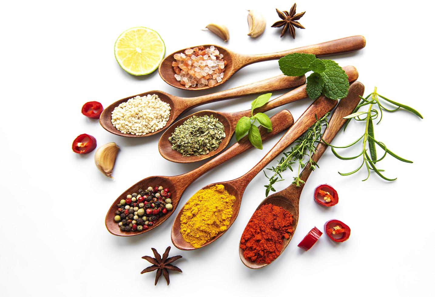 Various spices isolated on white background, top view photo