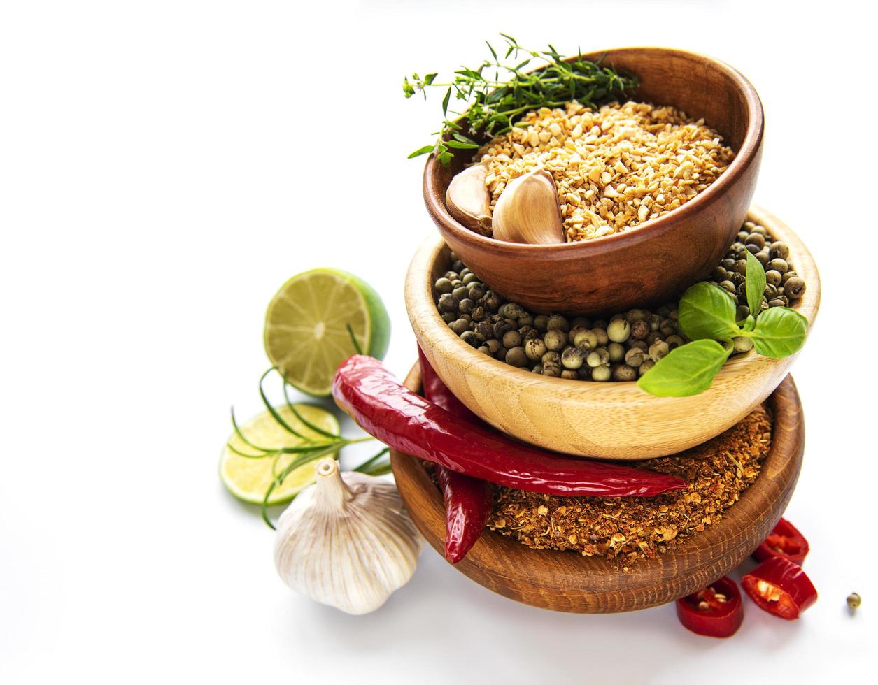 Various spices isolated on white background, top view photo