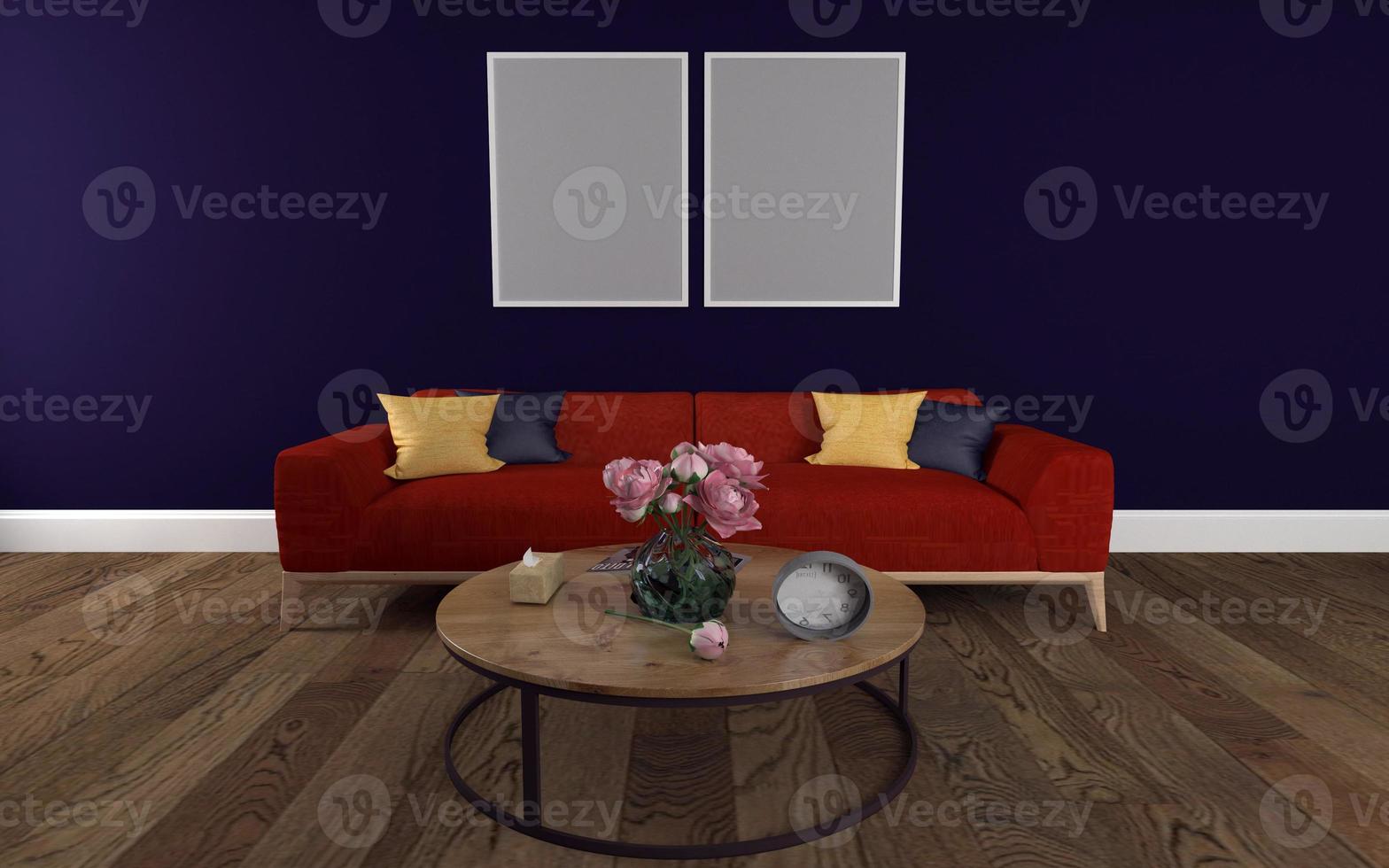Realistic Mockup of 3D Rendered of Interior of Modern Living Room with Sofa - Couch and Table photo