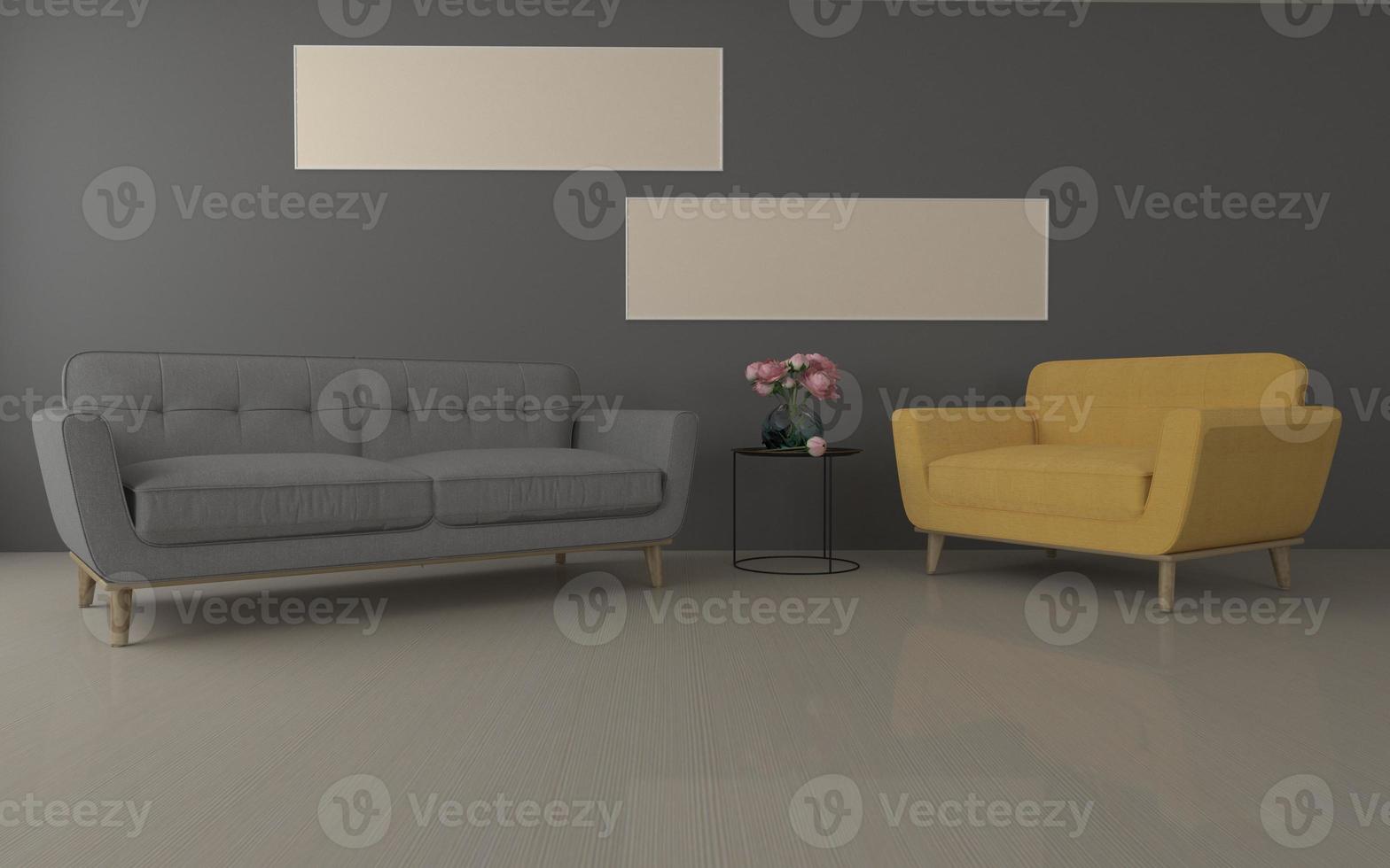 Realistic Mockup of 3D Rendered of Interior of Modern Living Room with Sofa - Couch and Table photo