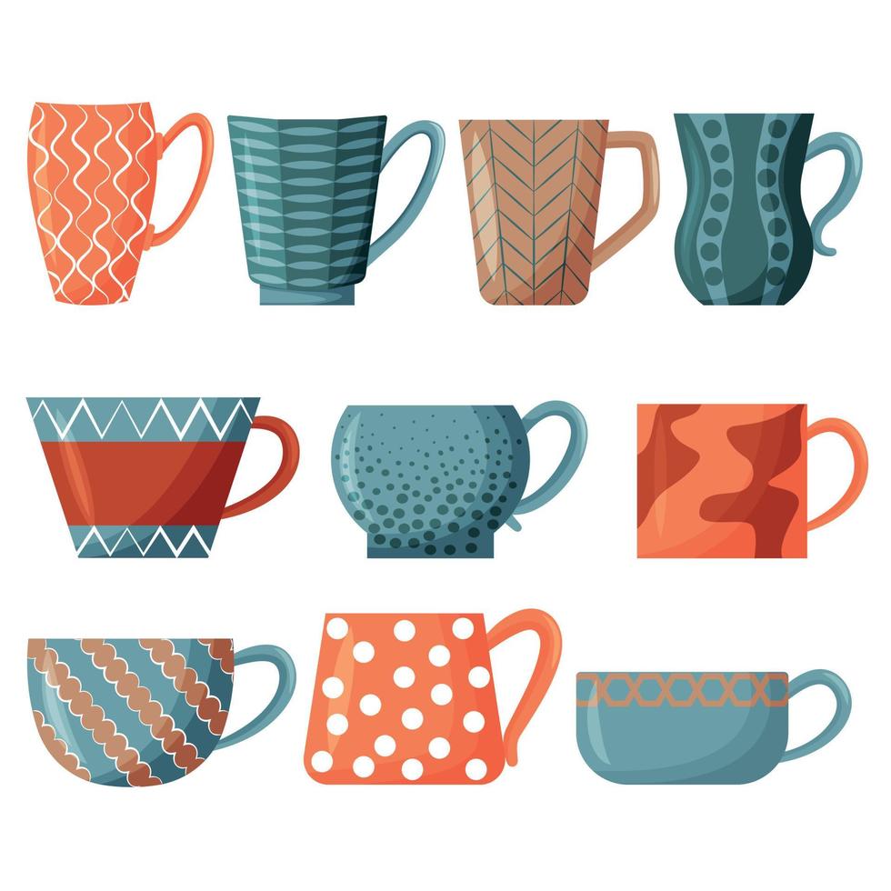 Vector set of tea cups. Colorful cups for morning tea drinking. Design elements isolated on a white background.