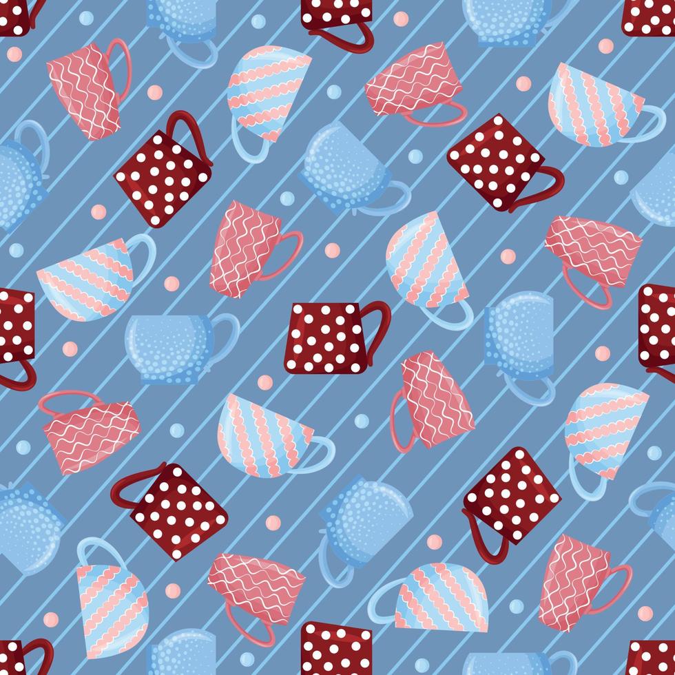 Vector seamless pattern with tea cups. Dishes, kitchen utensils, porcelain cups.